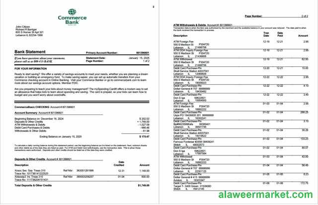 USA Commerce Bank statement Word and PDF template, 2 pages